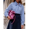 image:imageCicy Bell Womens Striped Bow Tie Blouse Puff Long Sleeve Ruffle Cotton Tops  Dressy Casual V Neck Loose Fit Fall Trendy Work Office Business CasualNavy