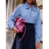 image:imageCicy Bell Womens Striped Bow Tie Blouse Puff Long Sleeve Ruffle Cotton Tops  Dressy Casual V Neck Loose Fit Fall Trendy Work Office Business CasualPlaid Blue