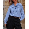 image:imageCicy Bell Womens Striped Bow Tie Blouse Puff Long Sleeve Ruffle Cotton Tops  Dressy Casual V Neck Loose Fit Fall Trendy Work Office Business CasualPlaid Blue
