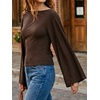 image:imageCicy Bell Women Bell Long Sleeve Wrap Tops Tie Back Boat Neck T Shirt  Casual Trendy Batwing Long Sleeve Loose Fit Cinched Waist Flowy Blouse Summer Fall ClothesCoffee
