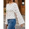 image:imageCicy Bell Women Bell Long Sleeve Wrap Tops Tie Back Boat Neck T Shirt  Casual Trendy Batwing Long Sleeve Loose Fit Cinched Waist Flowy Blouse Summer Fall ClothesPolka Dotswhite