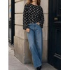 image:imageCicy Bell Women Bell Long Sleeve Wrap Tops Tie Back Boat Neck T Shirt  Casual Trendy Batwing Long Sleeve Loose Fit Cinched Waist Flowy Blouse Summer Fall ClothesPolka Dotsblack