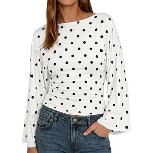 image:imageCicy Bell Women Bell Long Sleeve Wrap Tops Tie Back Boat Neck T Shirt  Casual Trendy Batwing Long Sleeve Loose Fit Cinched Waist Flowy Blouse Summer Fall ClothesPolka Dotswhite