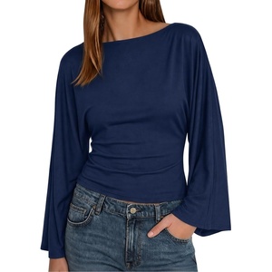 image:imageCicy Bell Women Bell Long Sleeve Wrap Tops Tie Back Boat Neck T Shirt  Casual Trendy Batwing Long Sleeve Loose Fit Cinched Waist Flowy Blouse Summer Fall ClothesNavy