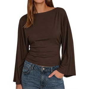 image:imageCicy Bell Women Bell Long Sleeve Wrap Tops Tie Back Boat Neck T Shirt  Casual Trendy Batwing Long Sleeve Loose Fit Cinched Waist Flowy Blouse Summer Fall ClothesCoffee