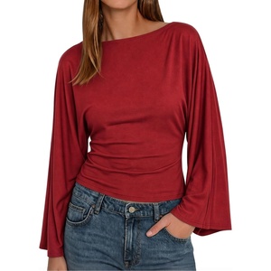 image:imageCicy Bell Women Bell Long Sleeve Wrap Tops Tie Back Boat Neck T Shirt  Casual Trendy Batwing Long Sleeve Loose Fit Cinched Waist Flowy Blouse Summer Fall ClothesRed