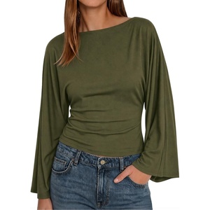 image:imageCicy Bell Women Bell Long Sleeve Wrap Tops Tie Back Boat Neck T Shirt  Casual Trendy Batwing Long Sleeve Loose Fit Cinched Waist Flowy Blouse Summer Fall ClothesArmy Green