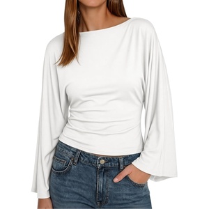 image:imageCicy Bell Women Bell Long Sleeve Wrap Tops Tie Back Boat Neck T Shirt  Casual Trendy Batwing Long Sleeve Loose Fit Cinched Waist Flowy Blouse Summer Fall ClothesWhite