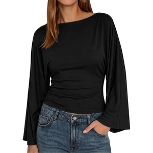 image:imageCicy Bell Women Bell Long Sleeve Wrap Tops Tie Back Boat Neck T Shirt  Casual Trendy Batwing Long Sleeve Loose Fit Cinched Waist Flowy Blouse Summer Fall ClothesBlack