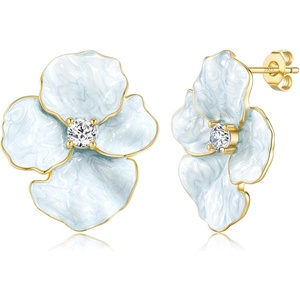 image:imageCicy Bell 18k Gold Plated Enamel Flower Earrings for Women  Summer Boho Statement Stud Cubic Zirconia Trendy Jewelry GiftsLight Blue