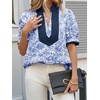 image:imageCicy Bell Womens Floral Puff Sleeve Tops Dressy Casual Boutique Shirts  V Neck Boho Print Patchwork Short Sleeve Summer Beach VacationBlue