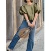 image:imageCicy Bell Womens Silk Satin Shirts Puff Sleeve Button Down Dressy Blouses  Trendy Crop TopsShort SleeveLoose FitCasualArmy Green