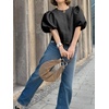 image:imageCicy Bell Womens Silk Satin Shirts Puff Sleeve Button Down Dressy Blouses  Trendy Crop TopsShort SleeveLoose FitCasualBlack