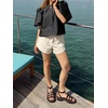 image:imageCicy Bell Womens Silk Satin Shirts Puff Sleeve Button Down Dressy Blouses  Trendy Crop TopsShort SleeveLoose FitCasualBlack