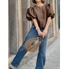 image:imageCicy Bell Womens Silk Satin Shirts Puff Sleeve Button Down Dressy Blouses  Trendy Crop TopsShort SleeveLoose FitCasualBrown