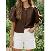 image:imageCicy Bell Womens Silk Satin Shirts Puff Sleeve Button Down Dressy Blouses  Trendy Crop TopsShort SleeveLoose FitCasualBrown