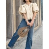 image:imageCicy Bell Womens Silk Satin Shirts Puff Sleeve Button Down Dressy Blouses  Trendy Crop TopsShort SleeveLoose FitCasualChampagne