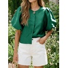 image:imageCicy Bell Womens Silk Satin Shirts Puff Sleeve Button Down Dressy Blouses  Trendy Crop TopsShort SleeveLoose FitCasualDark Green