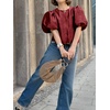 image:imageCicy Bell Womens Silk Satin Shirts Puff Sleeve Button Down Dressy Blouses  Trendy Crop TopsShort SleeveLoose FitCasualRed