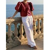 image:imageCicy Bell Womens Silk Satin Shirts Puff Sleeve Button Down Dressy Blouses  Trendy Crop TopsShort SleeveLoose FitCasualRed