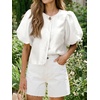 image:imageCicy Bell Womens Silk Satin Shirts Puff Sleeve Button Down Dressy Blouses  Trendy Crop TopsShort SleeveLoose FitCasualWhite