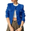 image:imageCicy Bell Womens Cropped Tweed Blazers Jacket Collarless Button Down Coats  Business Dressy Casual Trendy Work Office Fall Winter Spring FashionRoyal Blue