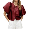image:imageCicy Bell Womens Silk Satin Shirts Puff Sleeve Button Down Dressy Blouses  Trendy Crop TopsShort SleeveLoose FitCasualRed