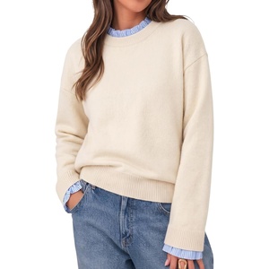 image:imageCicy Bell Womens Long Sleeve Sweater Ruffle Crew Neck Patchwork Knit Tops  Striped Cuff Pullover Sweater Fall Winter Ribbed Knit Loose Fit Drop ShoulderApricot