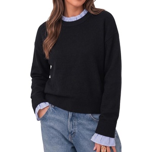image:imageCicy Bell Womens Long Sleeve Sweater Ruffle Crew Neck Patchwork Knit Tops  Striped Cuff Pullover Sweater Fall Winter Ribbed Knit Loose Fit Drop ShoulderBlack