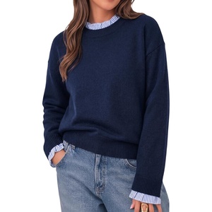 image:imageCicy Bell Womens Long Sleeve Sweater Ruffle Crew Neck Patchwork Knit Tops  Striped Cuff Pullover Sweater Fall Winter Ribbed Knit Loose Fit Drop ShoulderDark Blue