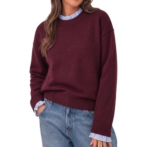 image:imageCicy Bell Womens Long Sleeve Sweater Ruffle Crew Neck Patchwork Knit Tops  Striped Cuff Pullover Sweater Fall Winter Ribbed Knit Loose Fit Drop ShoulderFuchsia