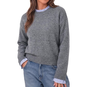 image:imageCicy Bell Womens Long Sleeve Sweater Ruffle Crew Neck Patchwork Knit Tops  Striped Cuff Pullover Sweater Fall Winter Ribbed Knit Loose Fit Drop ShoulderGrey