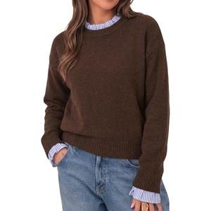 image:imageCicy Bell Womens Long Sleeve Sweater Ruffle Crew Neck Patchwork Knit Tops  Striped Cuff Pullover Sweater Fall Winter Ribbed Knit Loose Fit Drop ShoulderCoffee