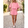 image:imageCicy Bell Women Summer 2 Piece Short Sets Puff Sleeve Crop Tops Lounge Sets  Cropped Tops and Shorts Bubble Casual Outfits Loose fit  Comfy Short Sleeve Crew Neck DrawstringTrendy CozyPink