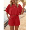 image:imageCicy Bell Women Summer 2 Piece Short Sets Puff Sleeve Crop Tops Lounge Sets  Cropped Tops and Shorts Bubble Casual Outfits Loose fit  Comfy Short Sleeve Crew Neck DrawstringTrendy CozyRed
