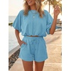 image:imageCicy Bell Women Summer 2 Piece Short Sets Puff Sleeve Crop Tops Lounge Sets  Cropped Tops and Shorts Bubble Casual Outfits Loose fit  Comfy Short Sleeve Crew Neck DrawstringTrendy CozyBluish Gray