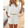 image:imageCicy Bell Women Summer 2 Piece Short Sets Puff Sleeve Crop Tops Lounge Sets  Cropped Tops and Shorts Bubble Casual Outfits Loose fit  Comfy Short Sleeve Crew Neck DrawstringTrendy CozyWhite