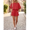 image:imageCicy Bell Women Summer 2 Piece Short Sets Puff Sleeve Crop Tops Lounge Sets  Cropped Tops and Shorts Bubble Casual Outfits Loose fit  Comfy Short Sleeve Crew Neck DrawstringTrendy CozyRed