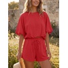 image:imageCicy Bell Women Summer 2 Piece Short Sets Puff Sleeve Crop Tops Lounge Sets  Cropped Tops and Shorts Bubble Casual Outfits Loose fit  Comfy Short Sleeve Crew Neck DrawstringTrendy CozyRed