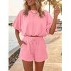 image:imageCicy Bell Women Summer 2 Piece Short Sets Puff Sleeve Crop Tops Lounge Sets  Cropped Tops and Shorts Bubble Casual Outfits Loose fit  Comfy Short Sleeve Crew Neck DrawstringTrendy CozyPink