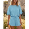 image:imageCicy Bell Women Summer 2 Piece Short Sets Puff Sleeve Crop Tops Lounge Sets  Cropped Tops and Shorts Bubble Casual Outfits Loose fit  Comfy Short Sleeve Crew Neck DrawstringTrendy CozyBluish Gray
