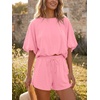 image:imageCicy Bell Women Summer 2 Piece Short Sets Puff Sleeve Crop Tops Lounge Sets  Cropped Tops and Shorts Bubble Casual Outfits Loose fit  Comfy Short Sleeve Crew Neck DrawstringTrendy CozyPink