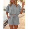 image:imageCicy Bell Women Summer 2 Piece Short Sets Puff Sleeve Crop Tops Lounge Sets  Cropped Tops and Shorts Bubble Casual Outfits Loose fit  Comfy Short Sleeve Crew Neck DrawstringTrendy CozyGray