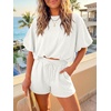 image:imageCicy Bell Women Summer 2 Piece Short Sets Puff Sleeve Crop Tops Lounge Sets  Cropped Tops and Shorts Bubble Casual Outfits Loose fit  Comfy Short Sleeve Crew Neck DrawstringTrendy CozyWhite
