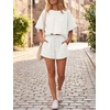 image:imageCicy Bell Women Summer 2 Piece Short Sets Puff Sleeve Crop Tops Lounge Sets  Cropped Tops and Shorts Bubble Casual Outfits Loose fit  Comfy Short Sleeve Crew Neck DrawstringTrendy CozyWhite