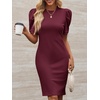 image:imageCicy Bell Womens Casual Work Dresses Puff Sleeve Bodycon Business Outfit  Crew NeckMidi LengthOffice Pencil DressLightweightStretchy FabricShort Puffy SleeveVersatile Solid ColorBurgundy