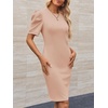 image:imageCicy Bell Womens Casual Work Dresses Puff Sleeve Bodycon Business Outfit  Crew NeckMidi LengthOffice Pencil DressLightweightStretchy FabricShort Puffy SleeveVersatile Solid ColorKhaki