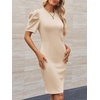 image:imageCicy Bell Womens Casual Work Dresses Puff Sleeve Bodycon Business Outfit  Crew NeckMidi LengthOffice Pencil DressLightweightStretchy FabricShort Puffy SleeveVersatile Solid ColorBeige