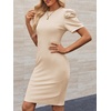 image:imageCicy Bell Womens Casual Work Dresses Puff Sleeve Bodycon Business Outfit  Crew NeckMidi LengthOffice Pencil DressLightweightStretchy FabricShort Puffy SleeveVersatile Solid ColorBeige