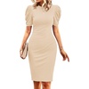 image:imageCicy Bell Womens Casual Work Dresses Puff Sleeve Bodycon Business Outfit  Crew NeckMidi LengthOffice Pencil DressLightweightStretchy FabricShort Puffy SleeveVersatile Solid ColorBeige